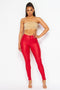 Super High Waisted Faux Leather Stretchy Skinny Jeans - Red